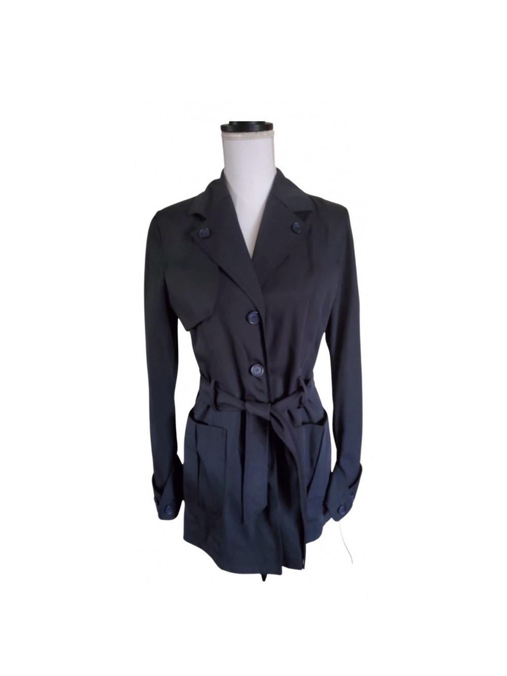 Women's Black Belted Trench Coat with Notch Collar